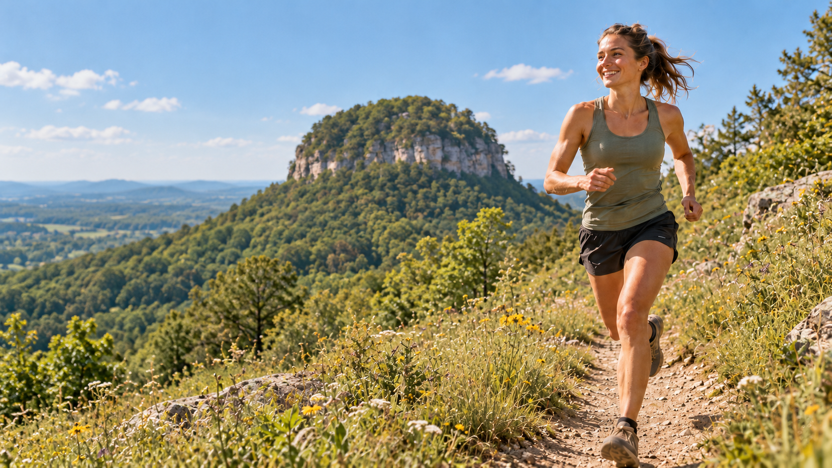 A woman running energetically along a sunlit hillside trail.