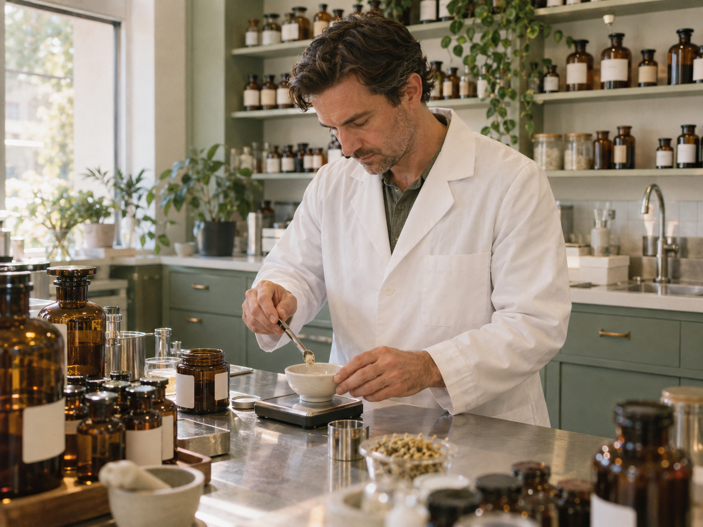 A small-batch apothecary workshop with glass bottles.